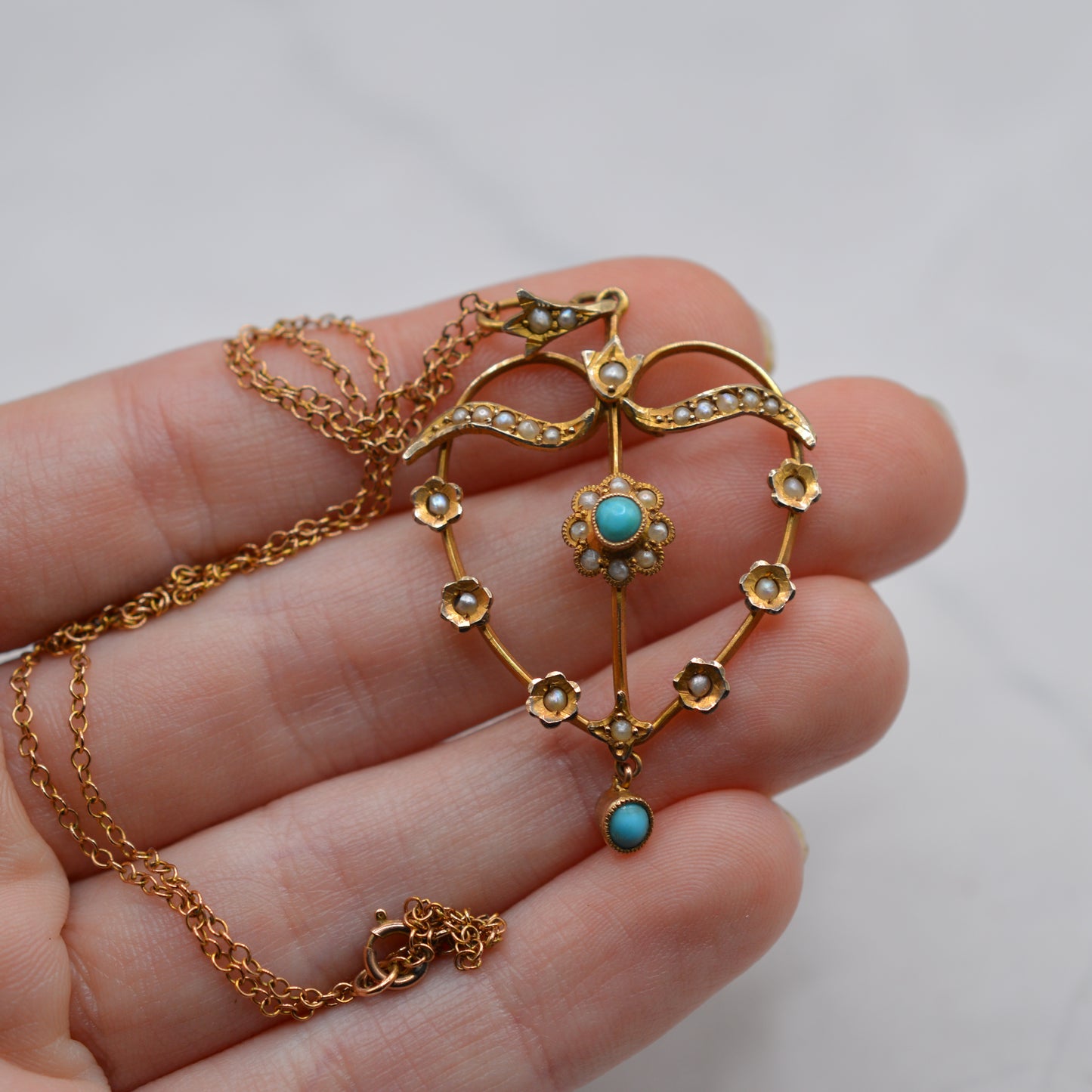 Antique Edwardian 9ct Gold Turquoise & Pearl Lavalier Pendant Necklace (16”)
