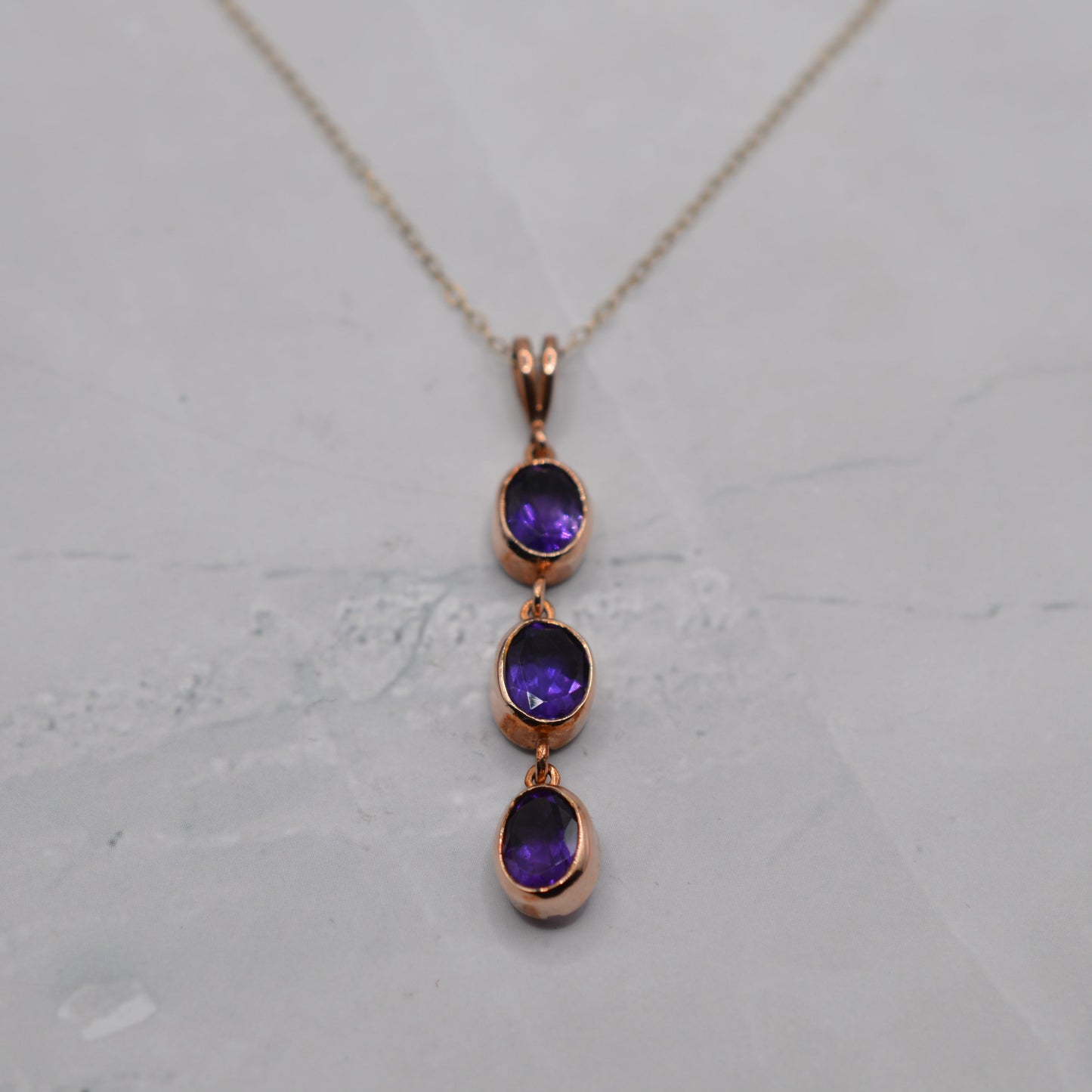 9ct Gold Amethyst Triple Drop Pendant Necklace (16”)
