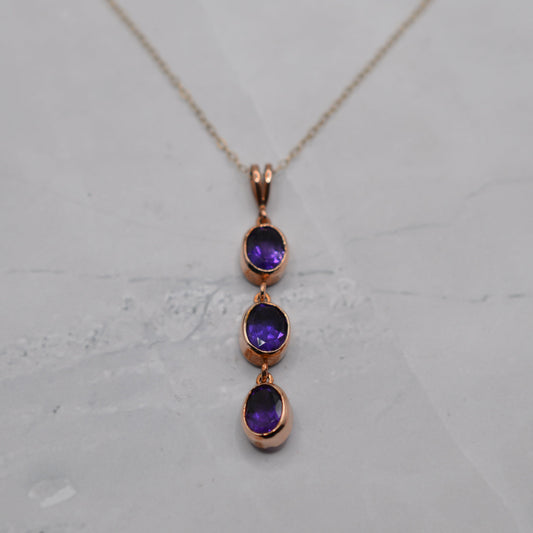 9ct Gold Amethyst Triple Drop Pendant Necklace (16”)