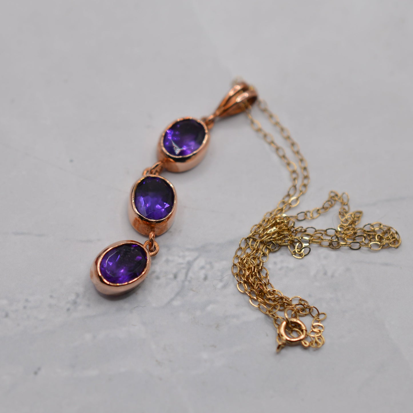 9ct Gold Amethyst Triple Drop Pendant Necklace (16”)