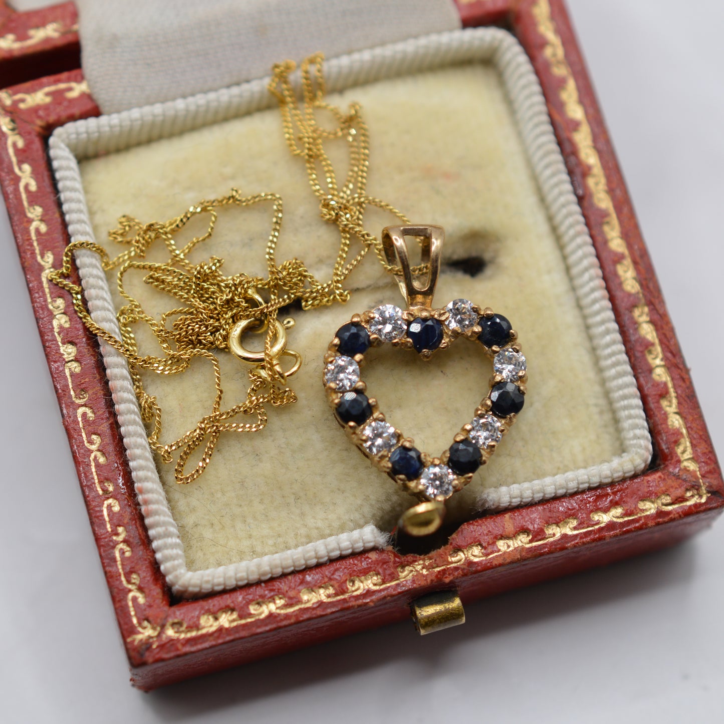9ct Gold Sapphire & CZ Heart Pendant Necklace (17” Chain)