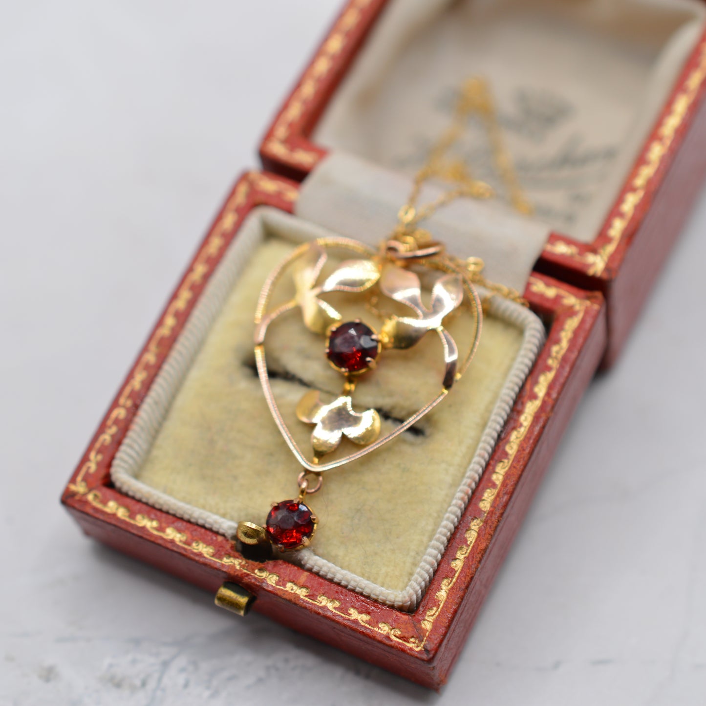 Antique Art Nouveau 9ct Gold Garnet Heart Pendant Necklace