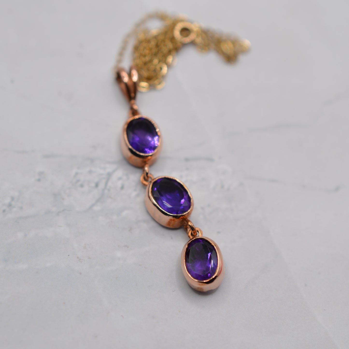 9ct Gold Amethyst Triple Drop Pendant Necklace (16”)