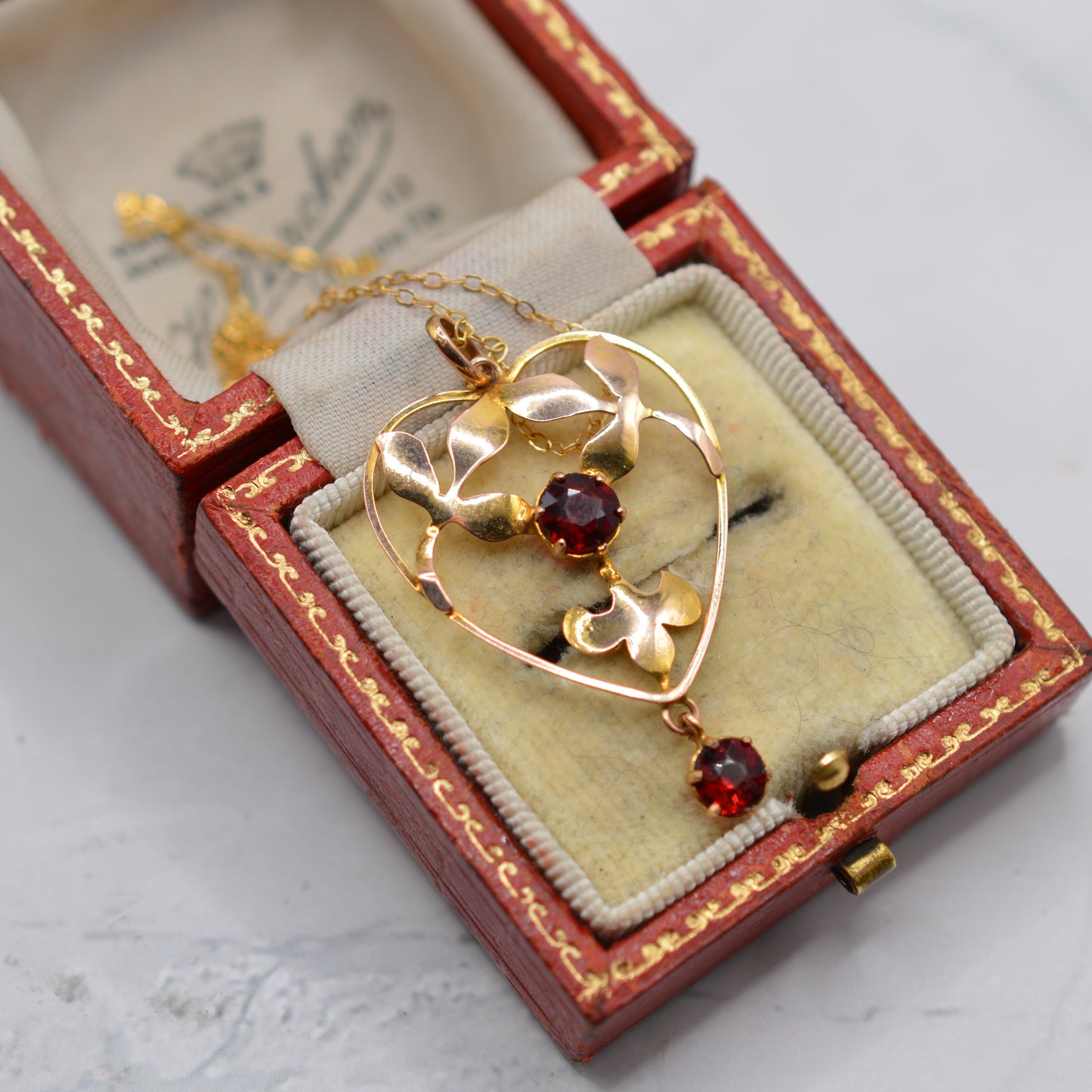 Antique Art Nouveau 9ct Gold Garnet Heart Pendant Necklace