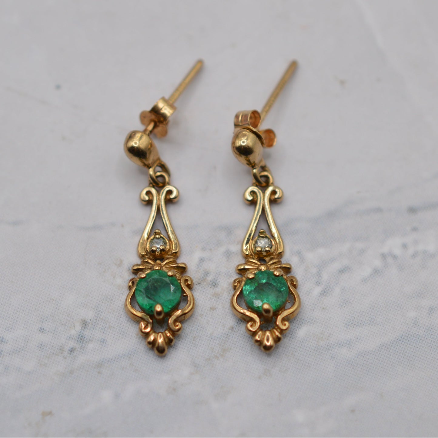 1980s 9ct Gold Emerald & Diamond Drop Earrings