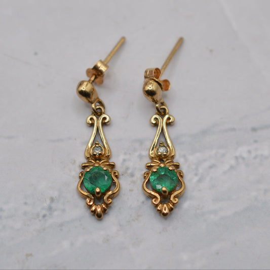 1980s 9ct Gold Emerald & Diamond Drop Earrings