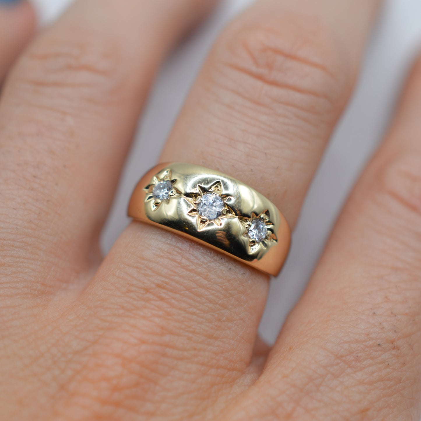 Chunky 9ct Gold Cubic Zirconia Gypsy Trilogy Ring