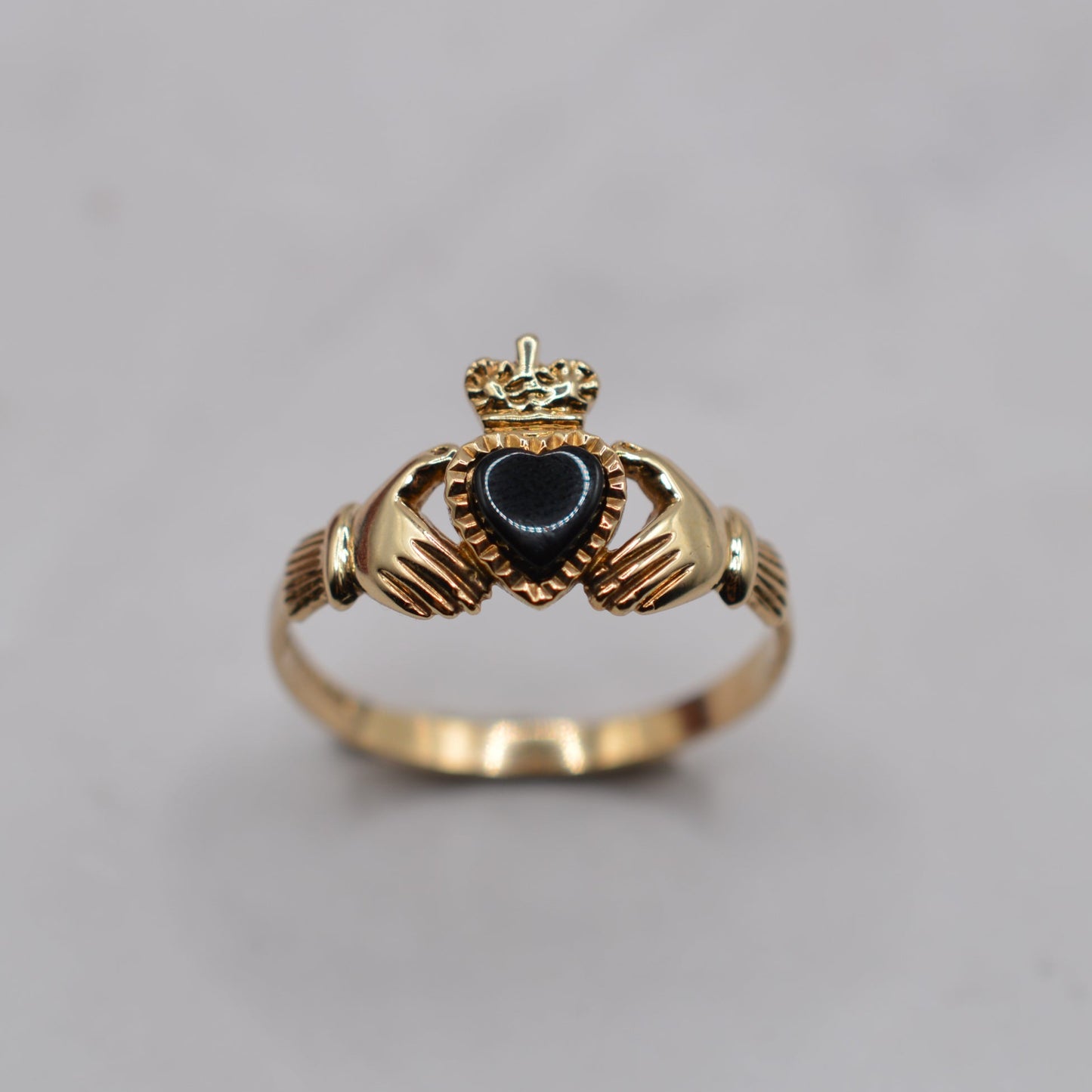 RESERVED 1990s Vintage 9ct Gold Onyx Heart Claddagh Ring