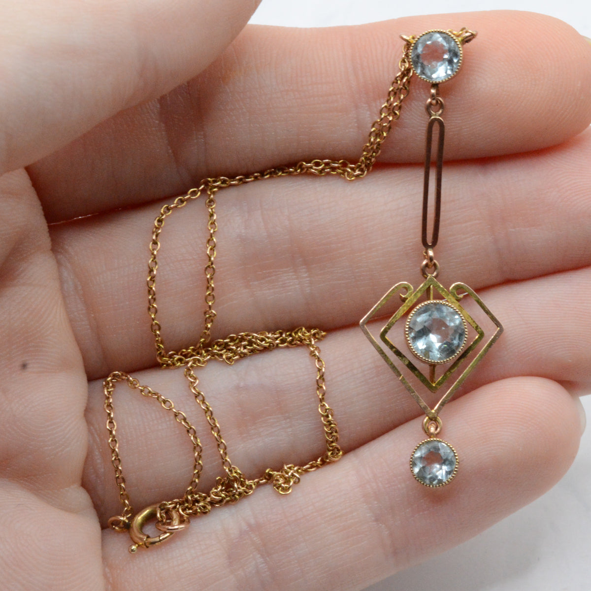 Antique Art Nouveau 9ct Gold Aquamarine Necklace (16")