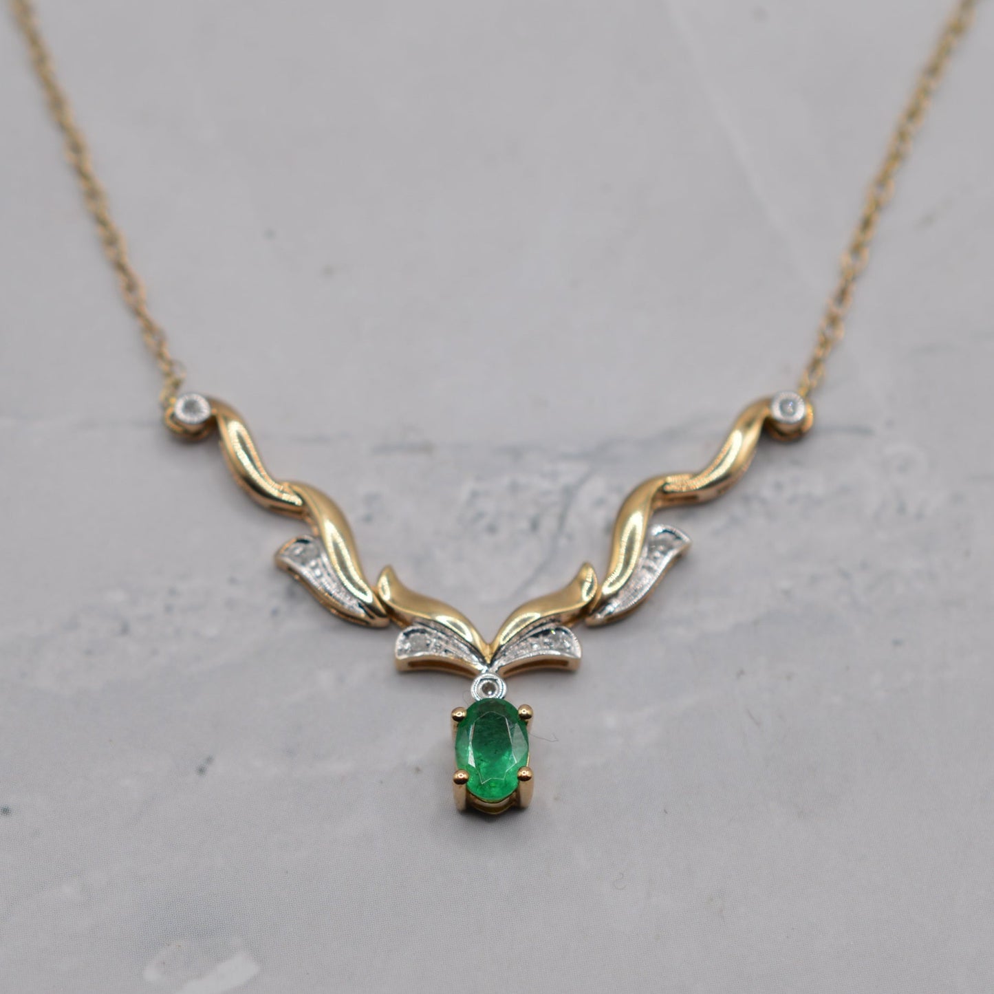 9ct Gold Emerald & Diamond Chevron Necklace (18”)