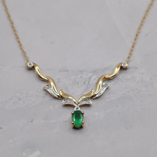 9ct Gold Emerald & Diamond Chevron Necklace (18”)