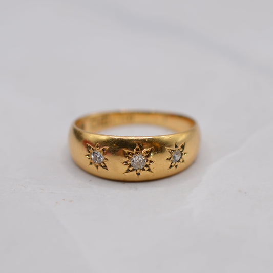 1860s Antique Victorian 18ct Gold Diamond Starburst Gypsy Trilogy Ring
