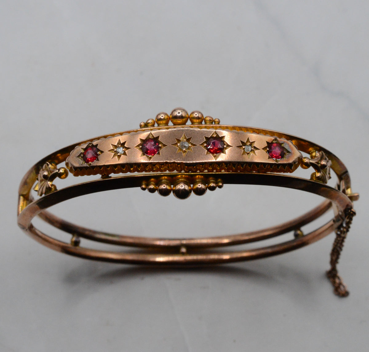 Antique Edwardian 1903 9ct Gold Ruby & Diamond Bangle Bracelet, Etruscan Revival