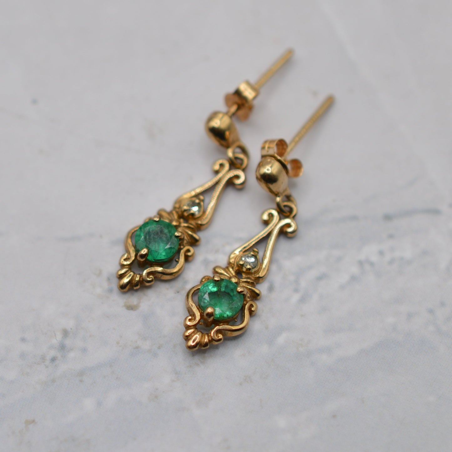 1980s 9ct Gold Emerald & Diamond Drop Earrings