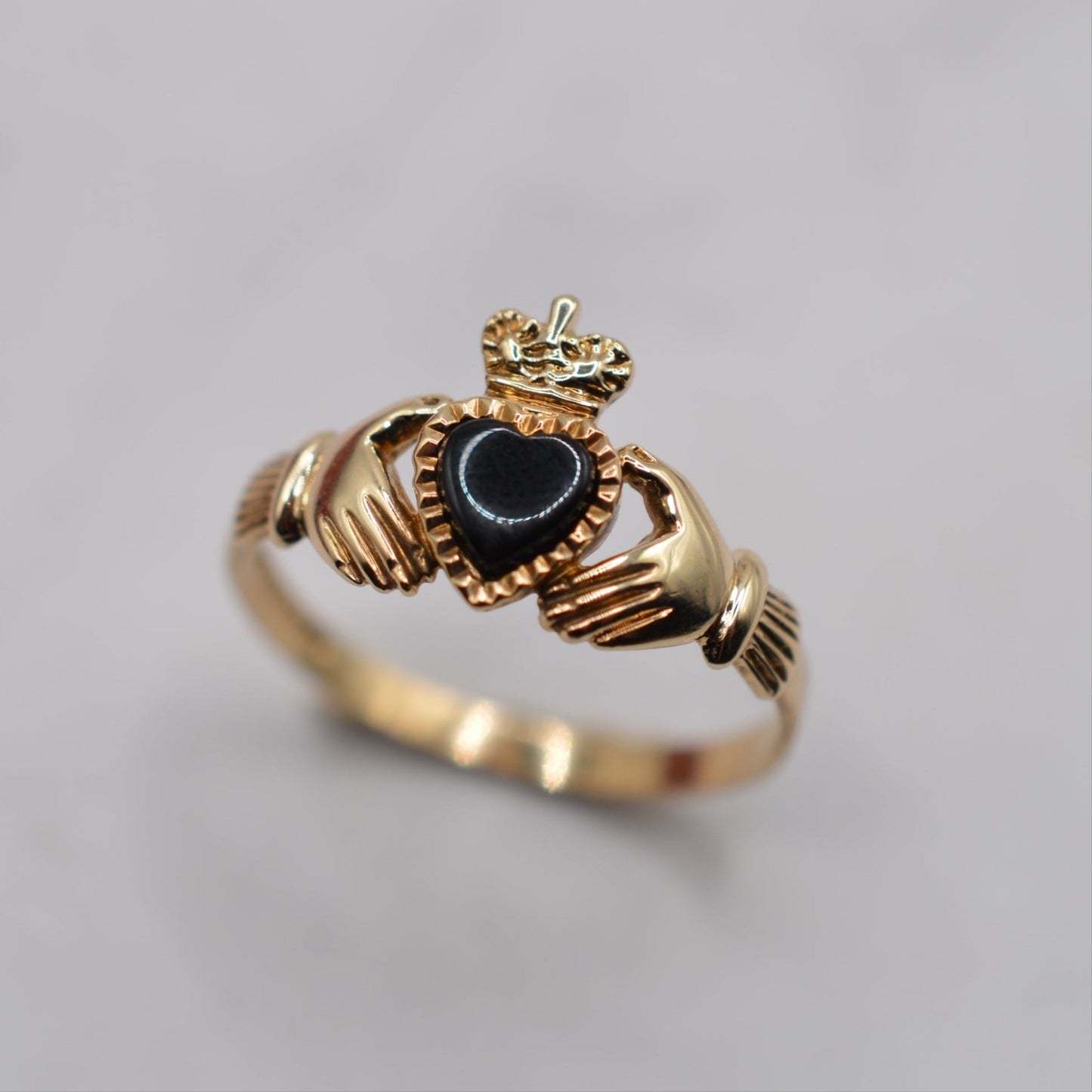 RESERVED 1990s Vintage 9ct Gold Onyx Heart Claddagh Ring