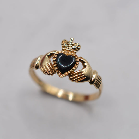RESERVED 1990s Vintage 9ct Gold Onyx Heart Claddagh Ring