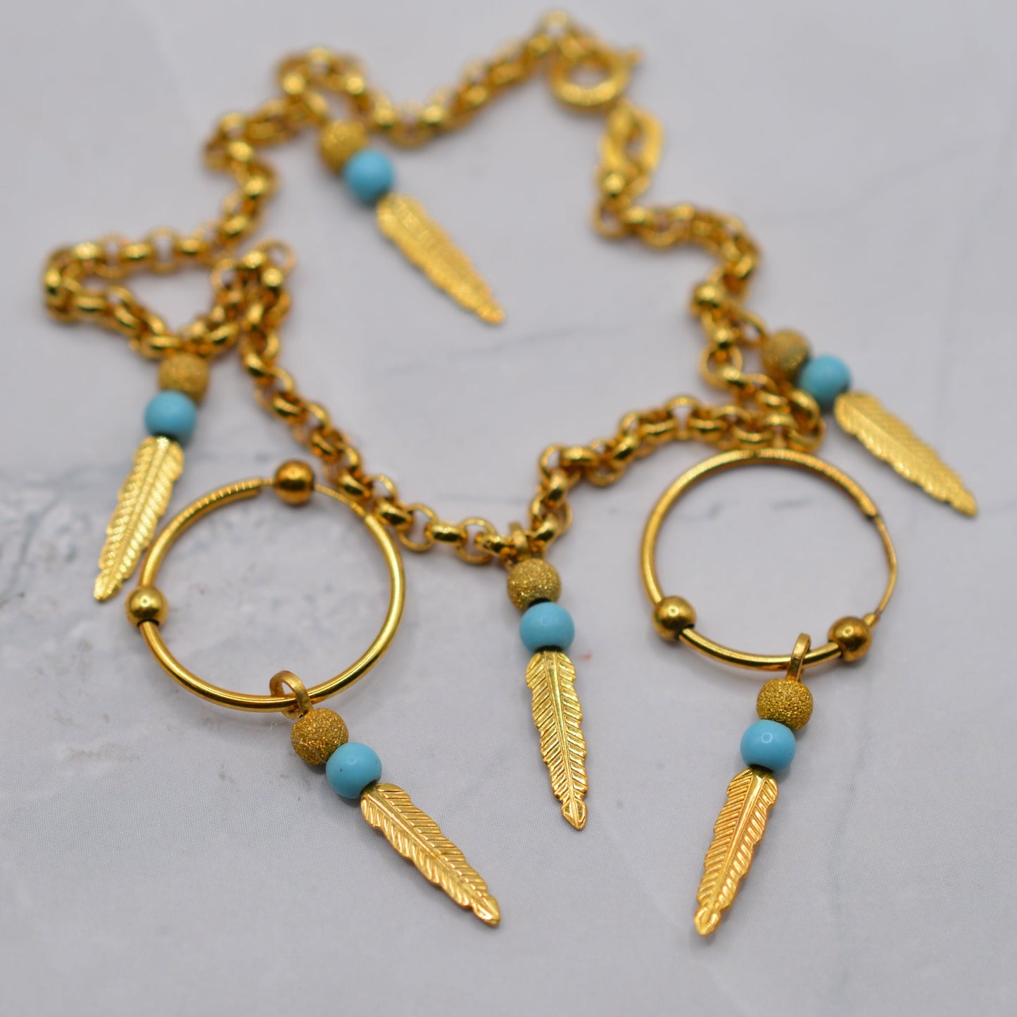 9ct Gold Feather & Turquoise Bracelet & Hoop Earrings Set