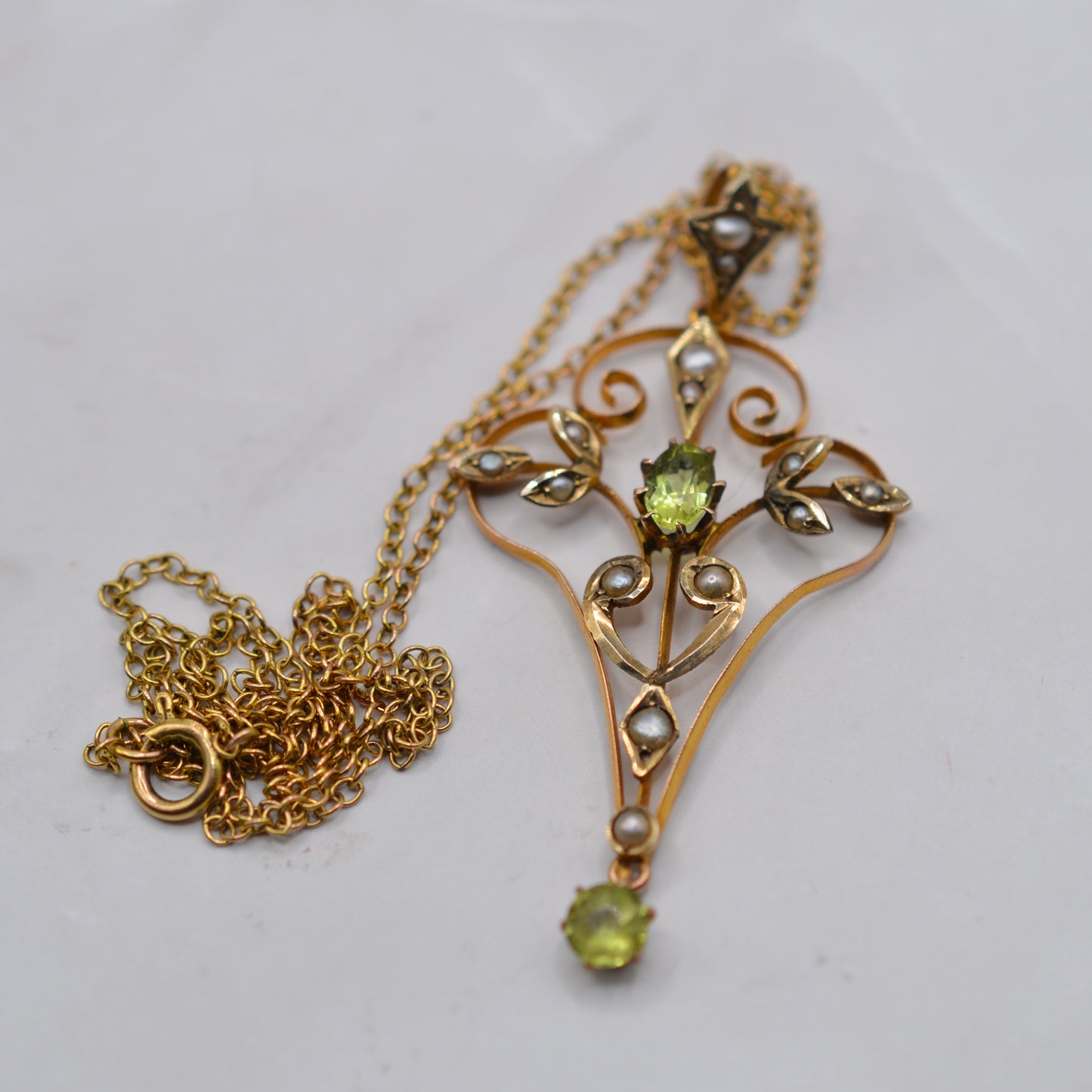 Antique Art Nouveau 1890s 9ct Gold Peridot & Seed Pearl Lavalier Pendant Necklace, 16"