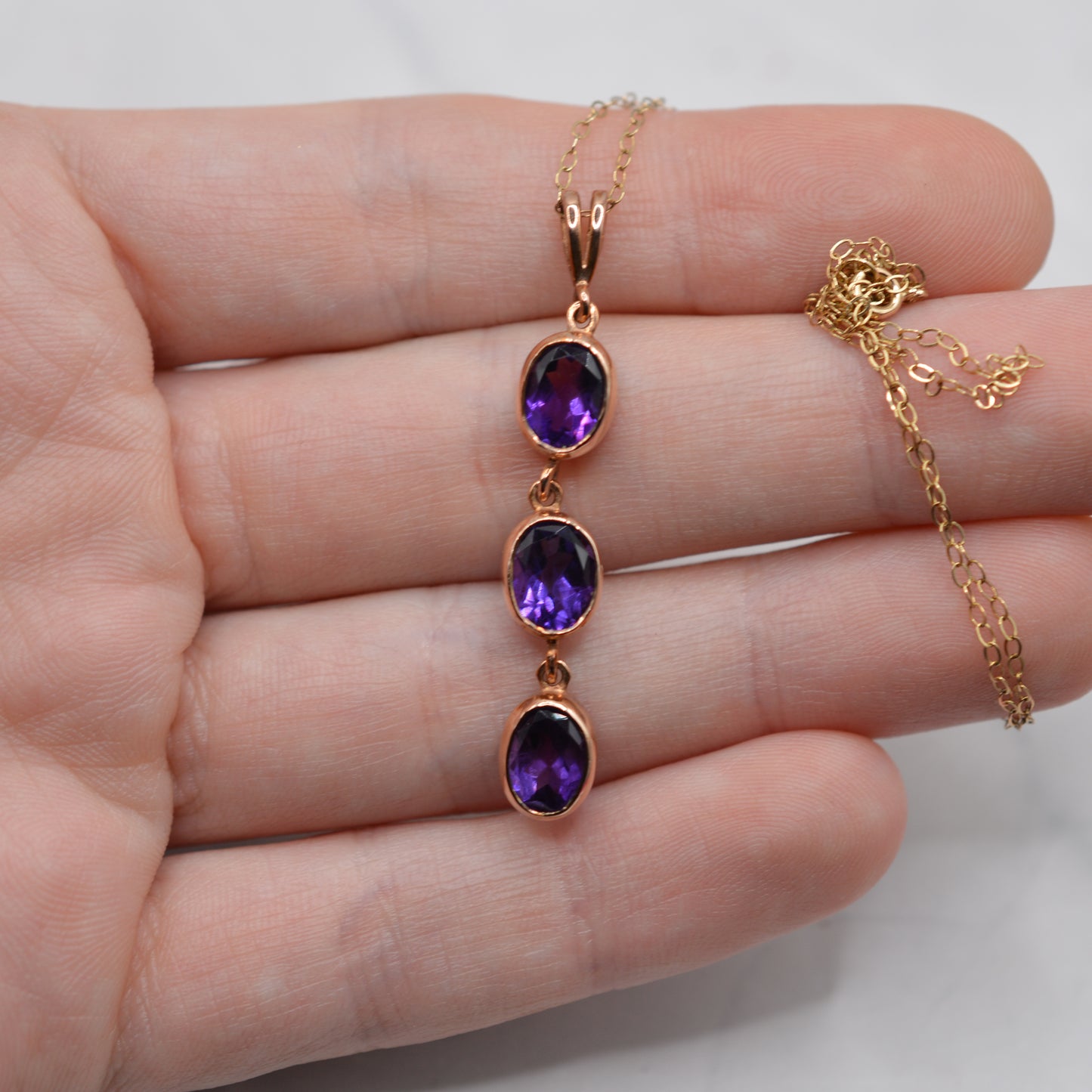 9ct Gold Amethyst Triple Drop Pendant Necklace (16”)