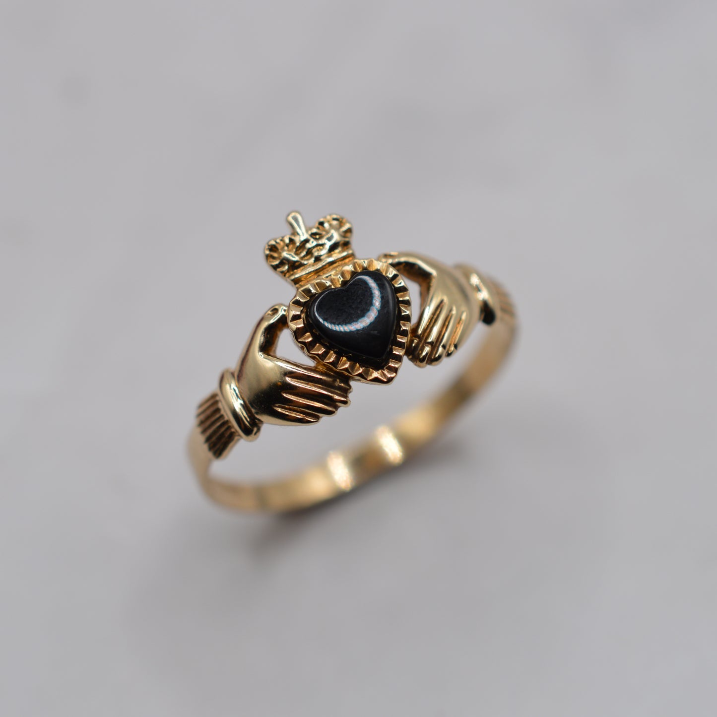 RESERVED 1990s Vintage 9ct Gold Onyx Heart Claddagh Ring