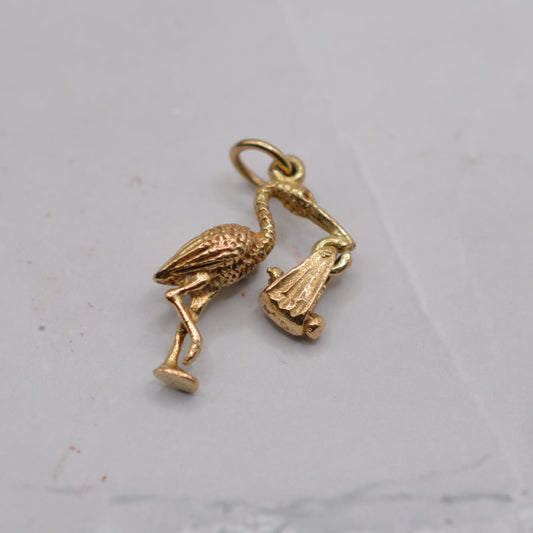 1970s Vintage 9ct Gold Stork Carrying Baby Charm
