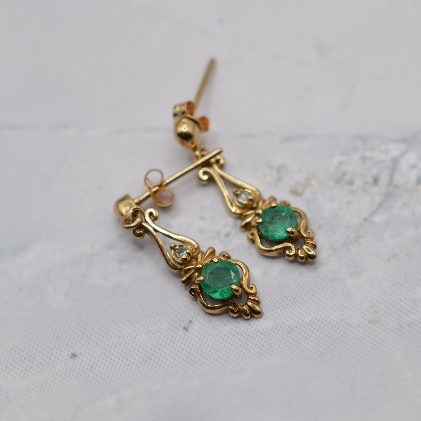 1980s 9ct Gold Emerald & Diamond Drop Earrings