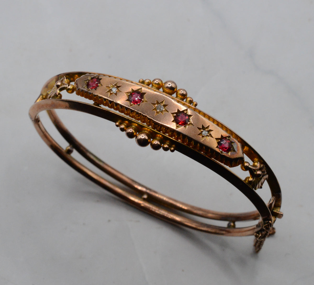 Antique Edwardian 1903 9ct Gold Ruby & Diamond Bangle Bracelet, Etruscan Revival