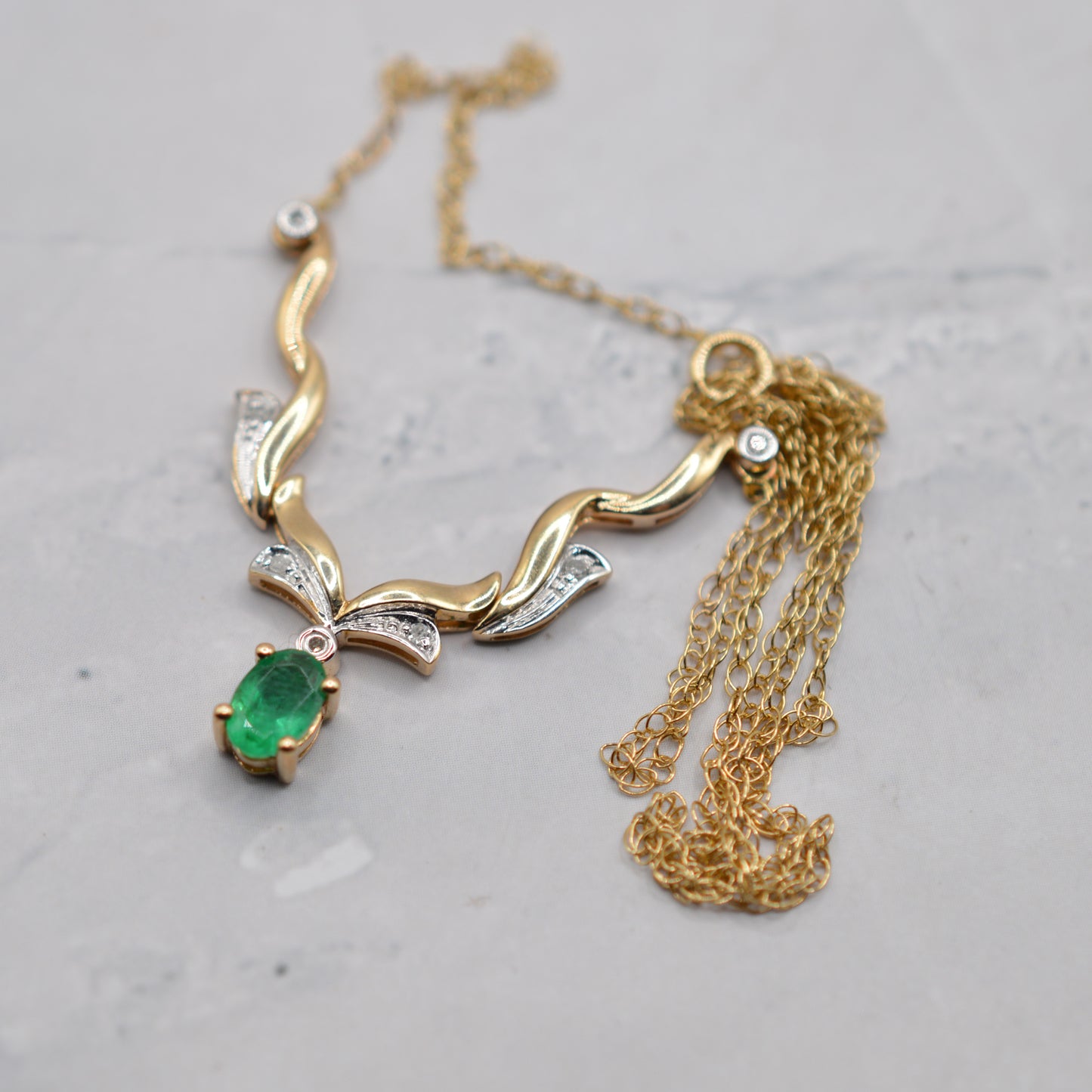 9ct Gold Emerald & Diamond Chevron Necklace (18”)