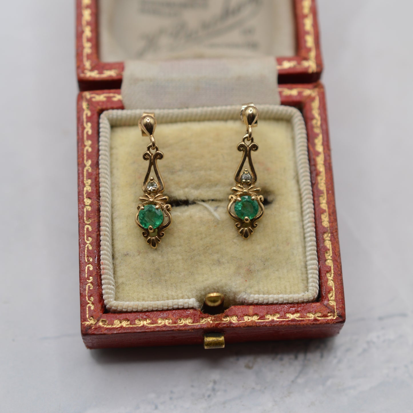 1980s 9ct Gold Emerald & Diamond Drop Earrings