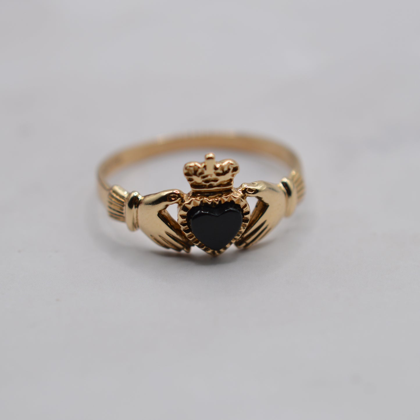 RESERVED 1990s Vintage 9ct Gold Onyx Heart Claddagh Ring