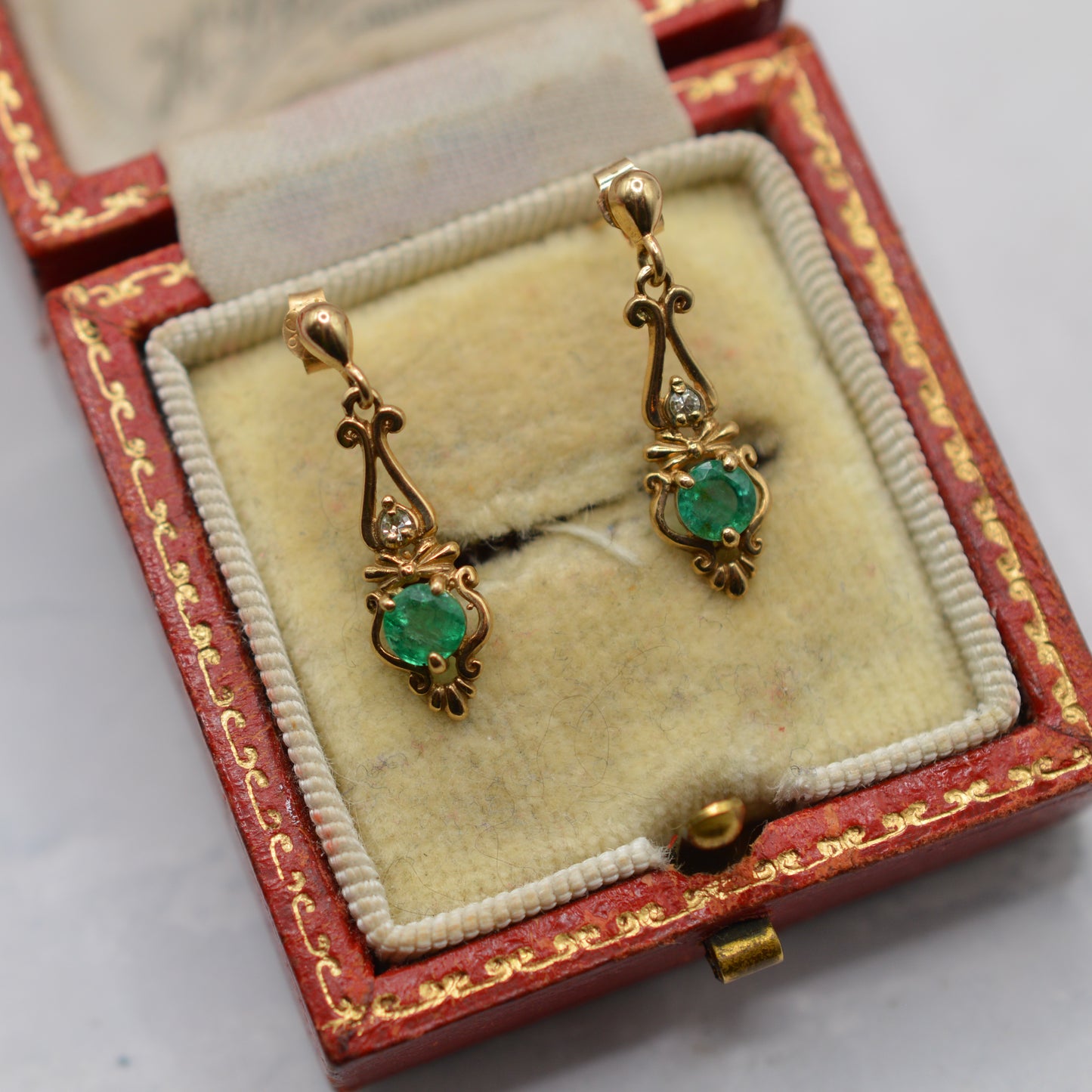 1980s 9ct Gold Emerald & Diamond Drop Earrings