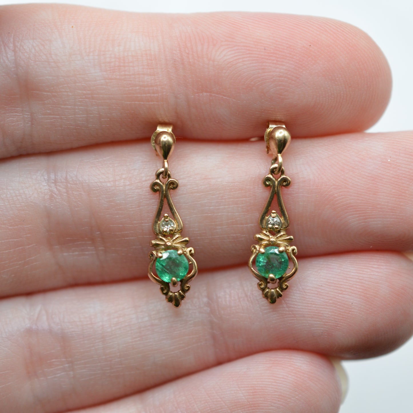 1980s 9ct Gold Emerald & Diamond Drop Earrings