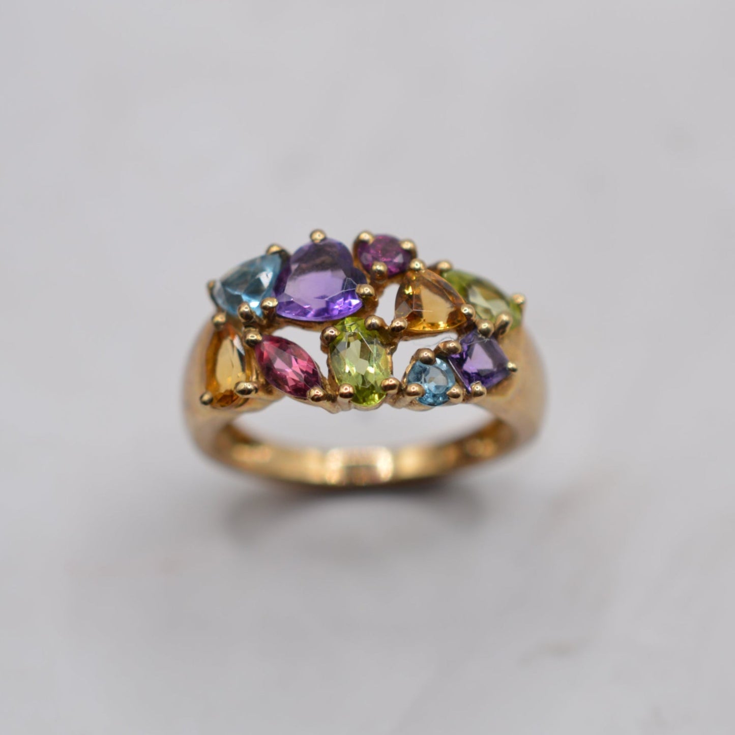 Chunky Y2K 9ct Gold Multi-Gem Ring, Peridot, Citrine, Garnet, Amethyst & Topaz
