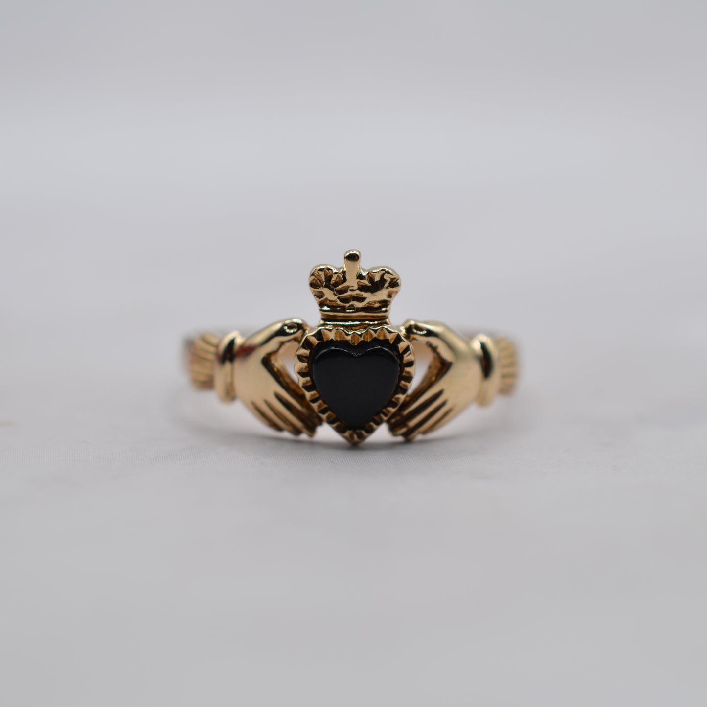 RESERVED 1990s Vintage 9ct Gold Onyx Heart Claddagh Ring
