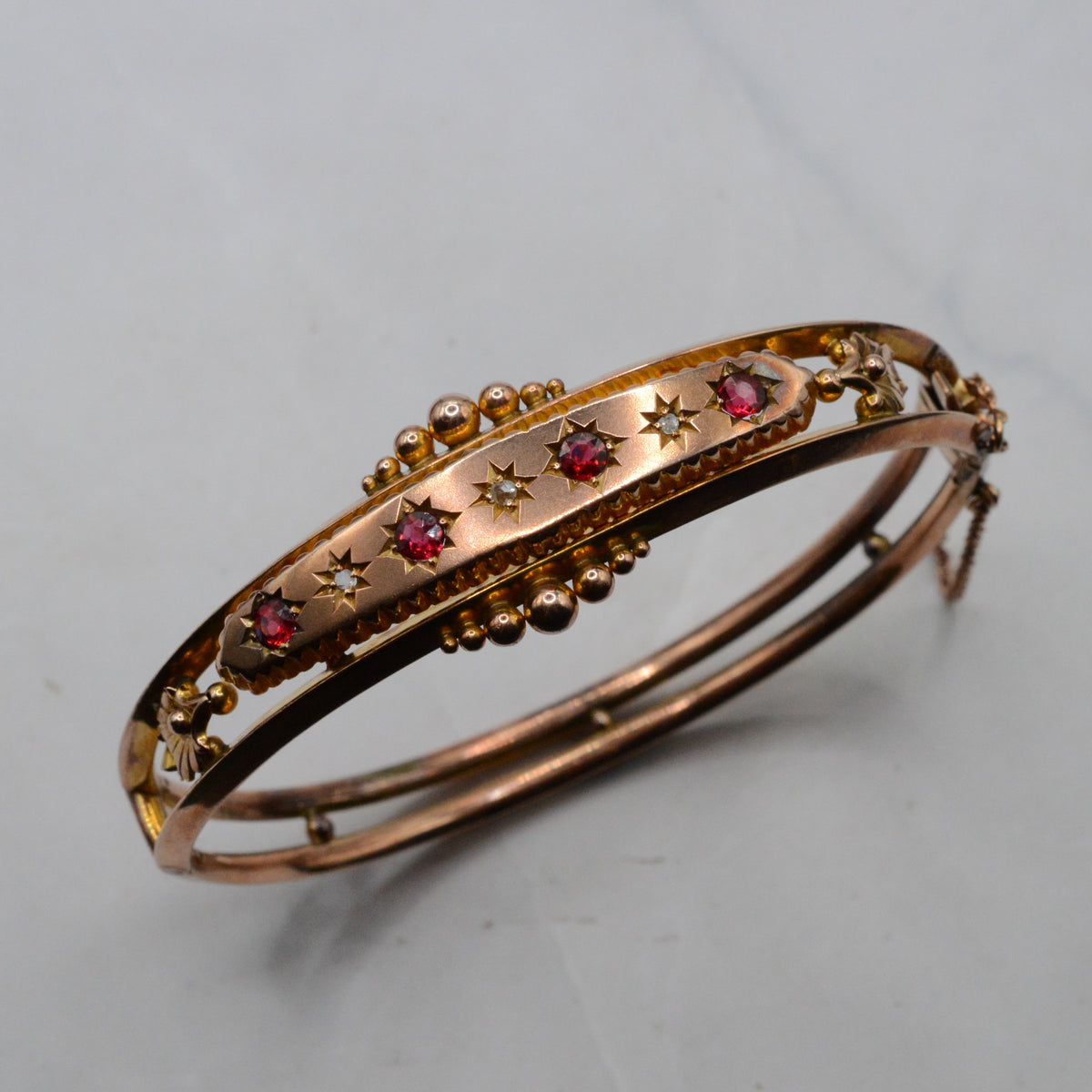 Antique Edwardian 1903 9ct Gold Ruby & Diamond Bangle Bracelet, Etruscan Revival