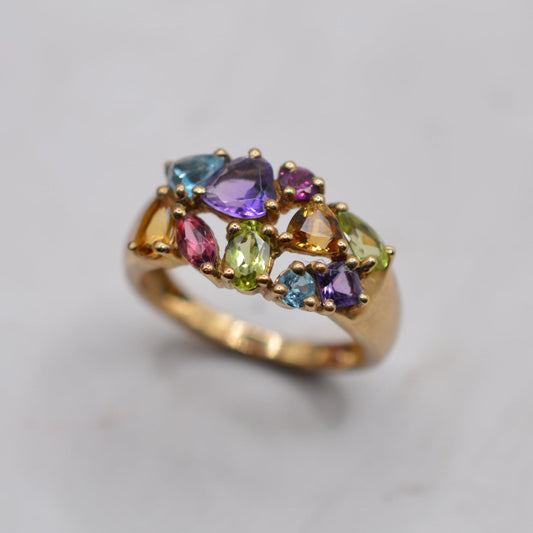 Chunky Y2K 9ct Gold Multi-Gem Ring, Peridot, Citrine, Garnet, Amethyst & Topaz