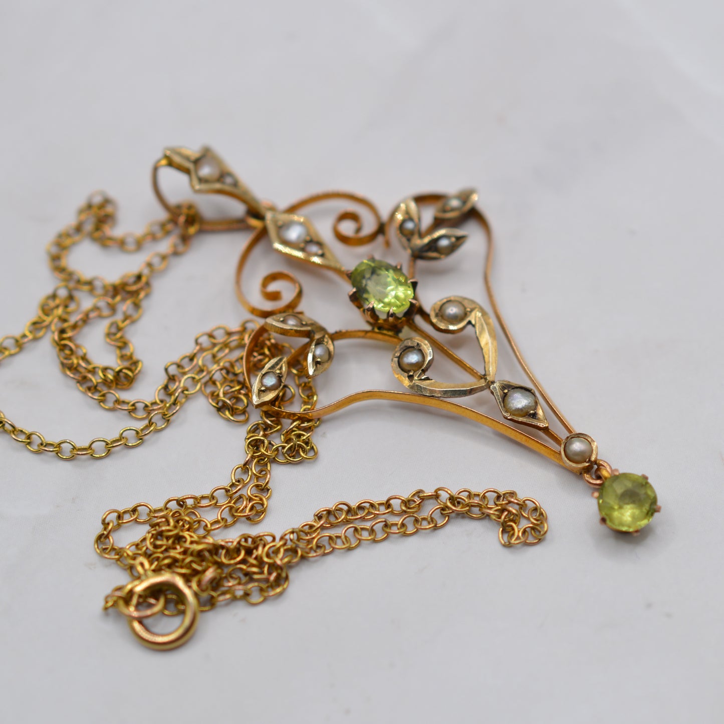 Antique Art Nouveau 1890s 9ct Gold Peridot & Seed Pearl Lavalier Pendant Necklace, 16"