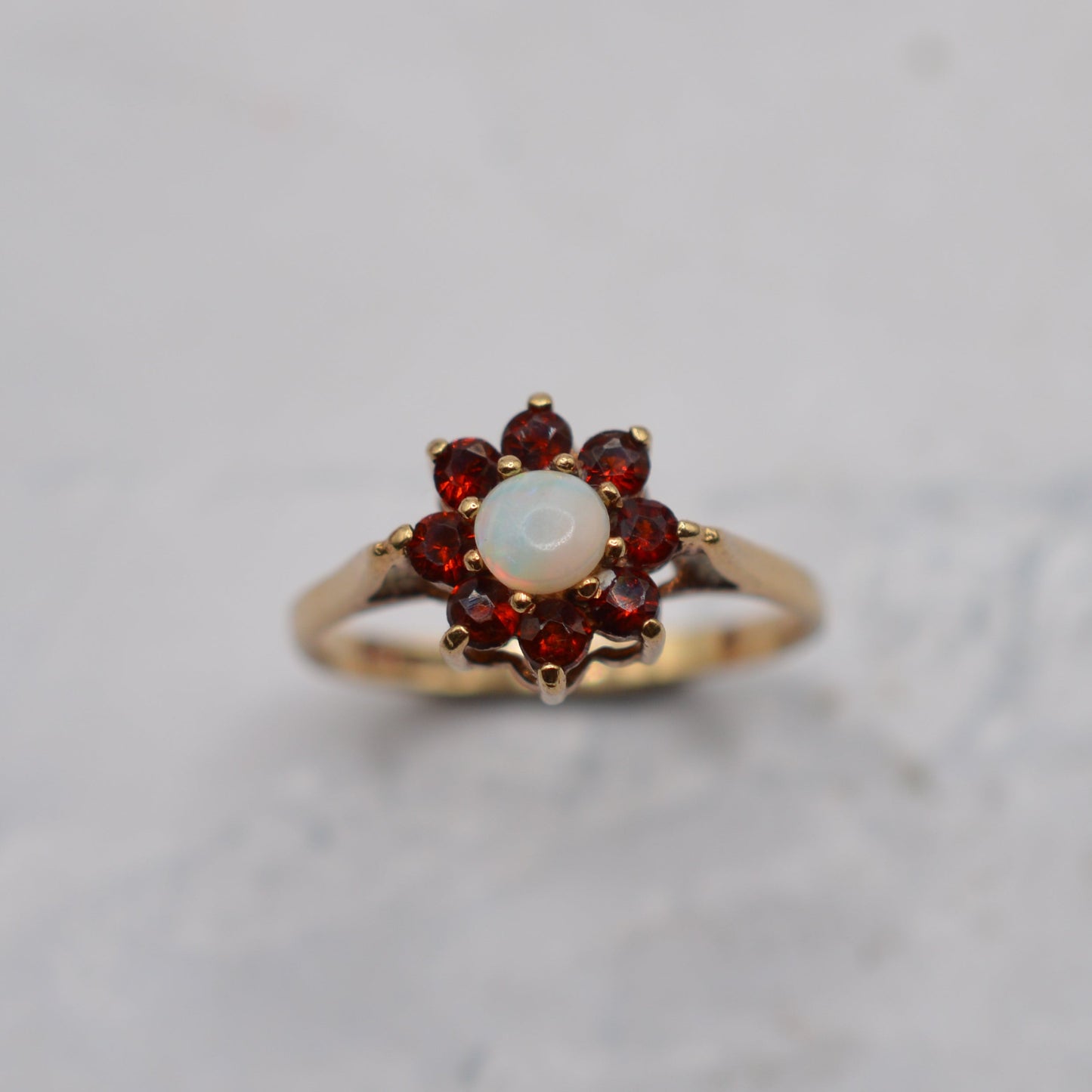 1980s 9ct Gold Opal & Garnet Cluster Ring