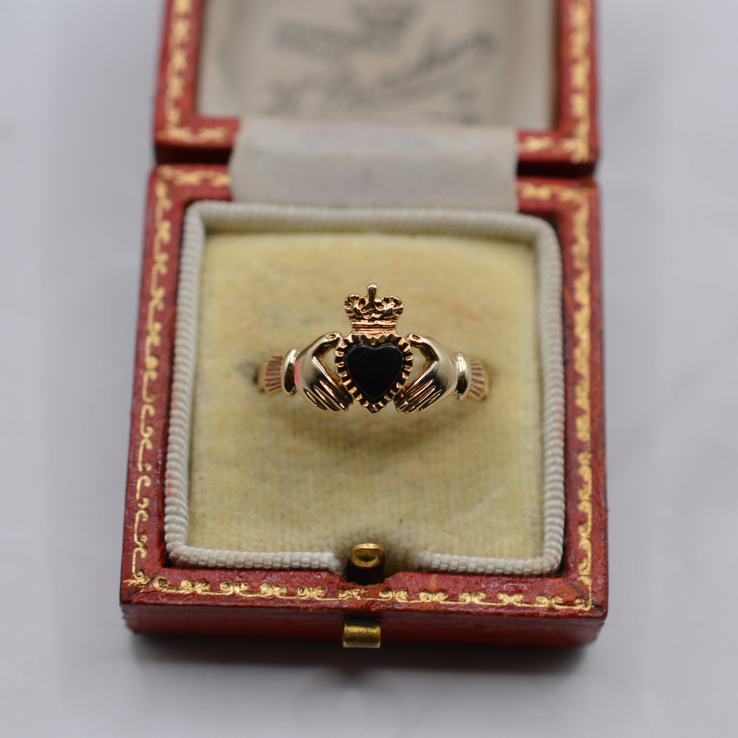 RESERVED 1990s Vintage 9ct Gold Onyx Heart Claddagh Ring