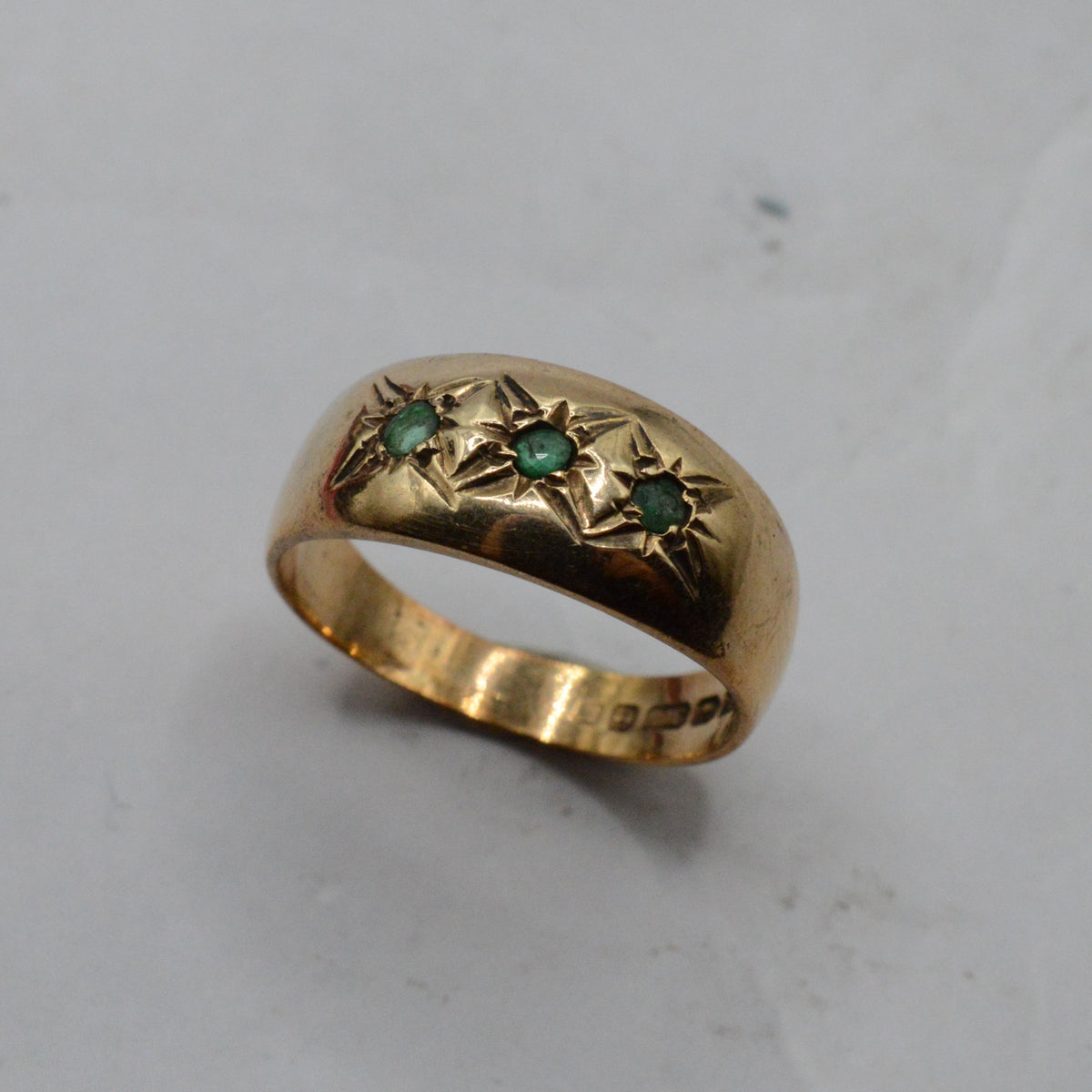 1970s Vintage 9ct Gold Emerald Trilogy Gypsy Ring