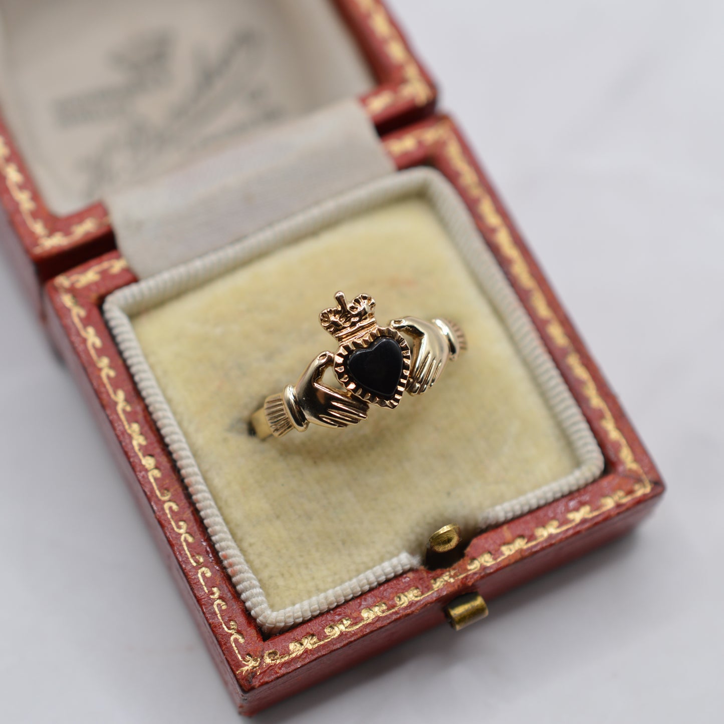 RESERVED 1990s Vintage 9ct Gold Onyx Heart Claddagh Ring