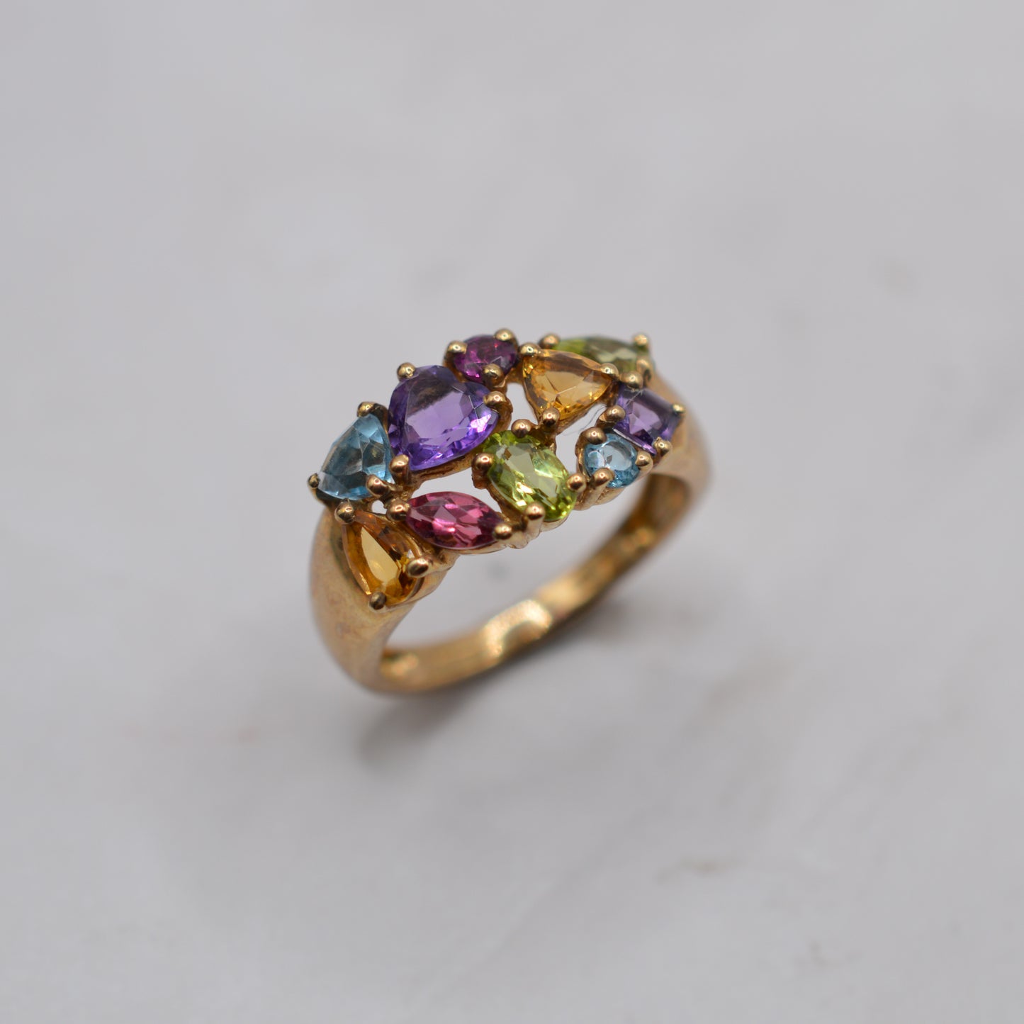 Chunky Y2K 9ct Gold Multi-Gem Ring, Peridot, Citrine, Garnet, Amethyst & Topaz