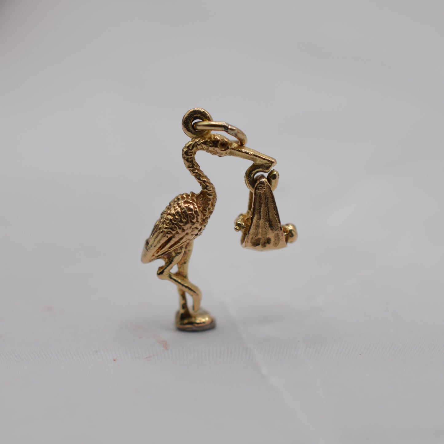 1970s Vintage 9ct Gold Stork Carrying Baby Charm