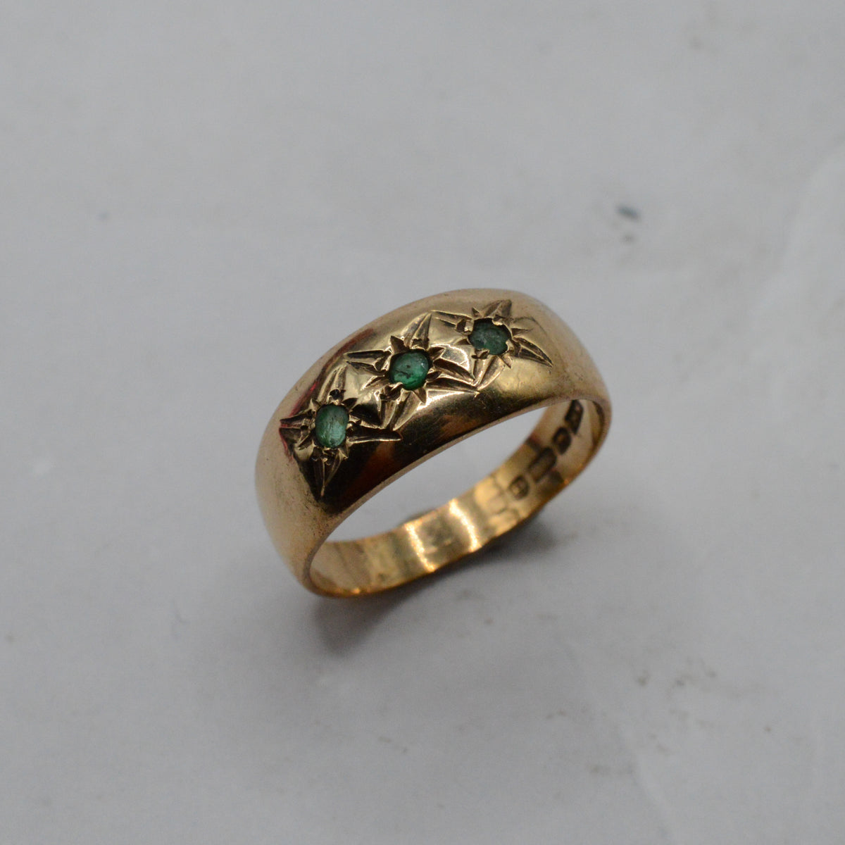 1970s Vintage 9ct Gold Emerald Trilogy Gypsy Ring