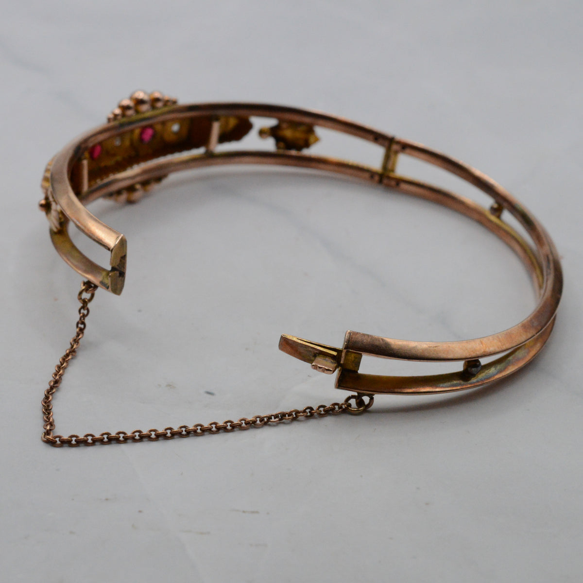 Antique Edwardian 1903 9ct Gold Ruby & Diamond Bangle Bracelet, Etruscan Revival