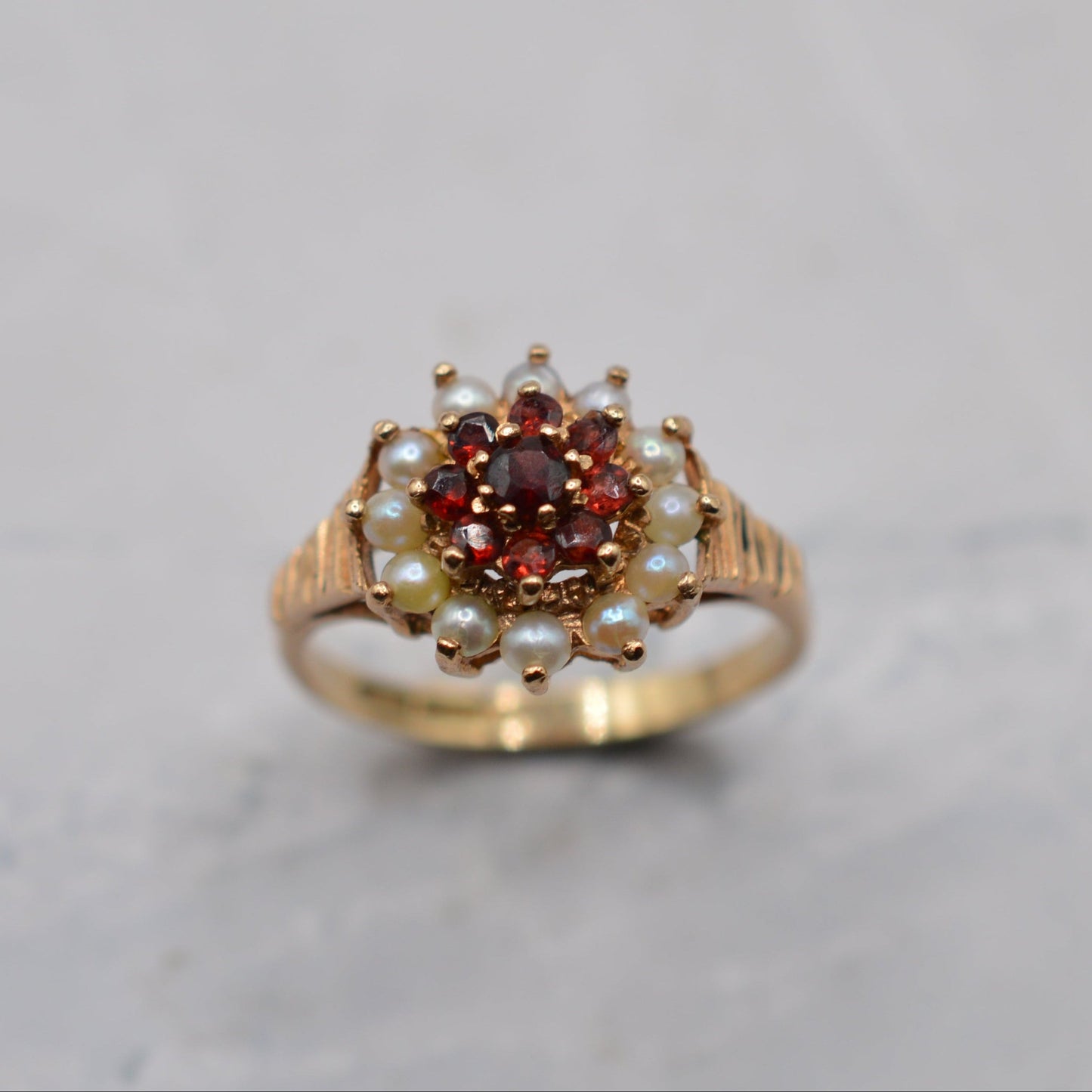 1970s Vintage 9ct Gold Garnet & Pearl Cluster Ring