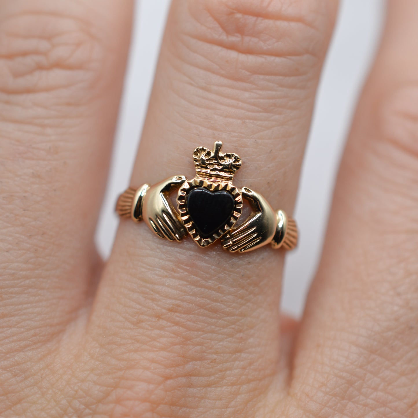 RESERVED 1990s Vintage 9ct Gold Onyx Heart Claddagh Ring