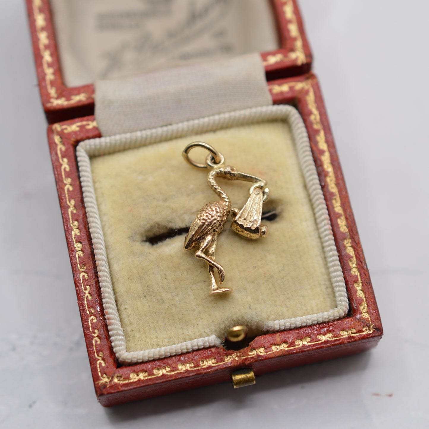 1970s Vintage 9ct Gold Stork Carrying Baby Charm