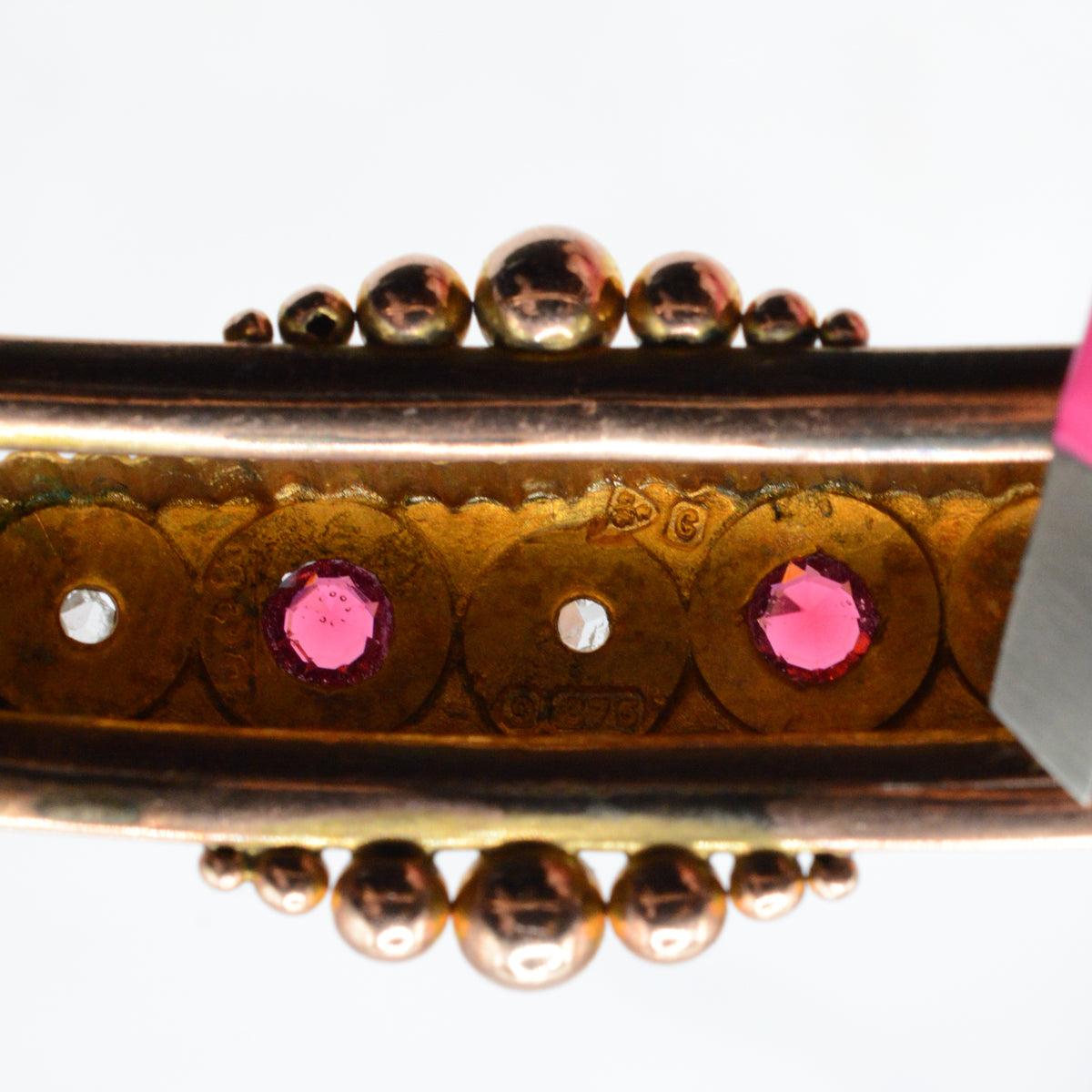 Antique Edwardian 1903 9ct Gold Ruby & Diamond Bangle Bracelet, Etruscan Revival