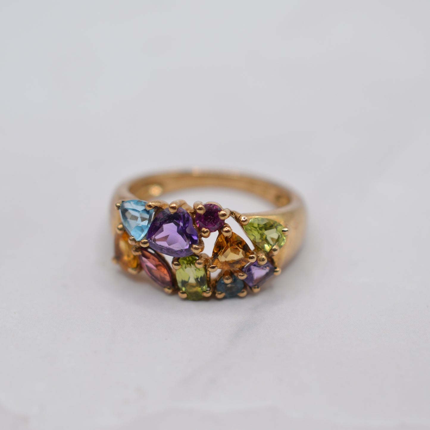 Chunky Y2K 9ct Gold Multi-Gem Ring, Peridot, Citrine, Garnet, Amethyst & Topaz